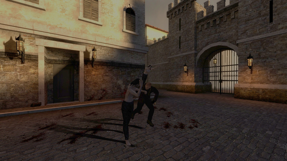 A vampire on a slayer by the lantern-lit gate